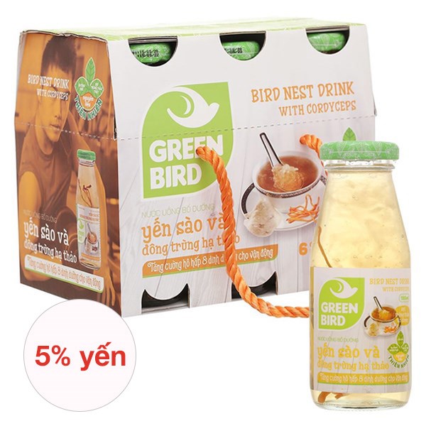 Lốc 6 Chai Nước Yến Sào Đông Trùng Hạ Thảo Green Bird 185 Ml (Từ 18 Tuổi)