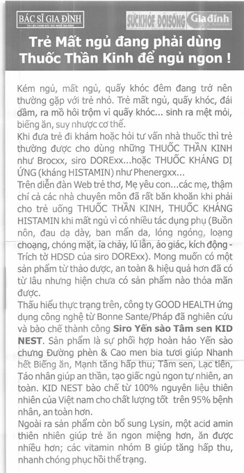 Yến Sào Kids Nest Tâm Sen hỗ trợ ăn ngủ ngon