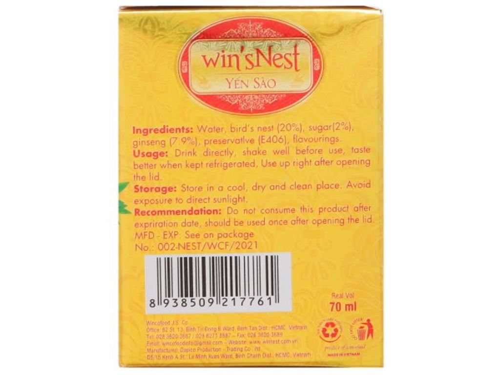 Yến sào nguyên chất nhân sâm Win'snest ít đường 70ml 5