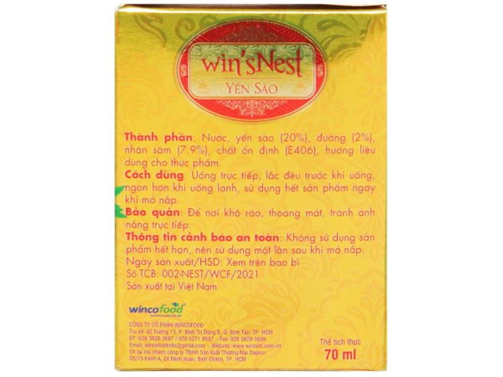 Yến sào nguyên chất nhân sâm Win'snest ít đường 70ml 6