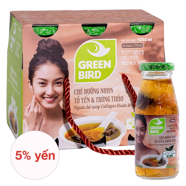 Lốc 6 Chai Chè Dưỡng Nhan Tổ Yến Và Trùng Thảo Green Bird 175 Ml (Từ 12 Tuổi)