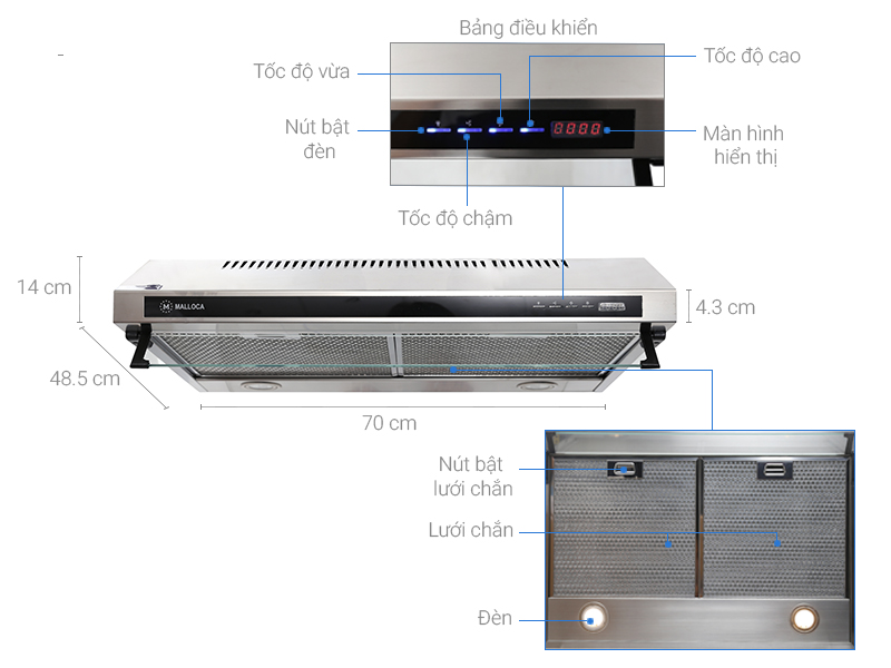 Thông số kỹ thuật Máy hút mùi Malloca H342.7 NEW