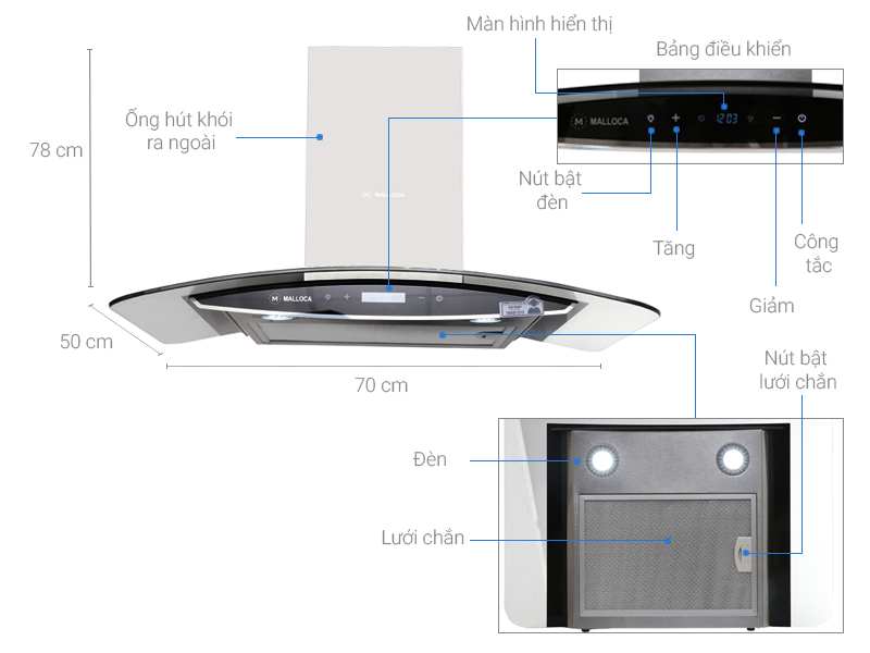 Thông số kỹ thuật Máy hút mùi Malloca MC 1070