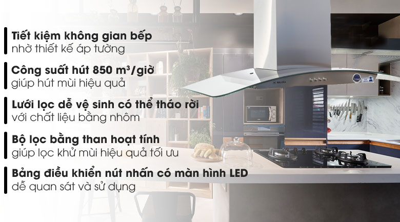 Máy hút mùi kính cong Malloca Delta-K890V