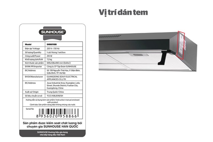 Máy hút mùi âm tủ Sunhouse SHB6118B Màu Đen