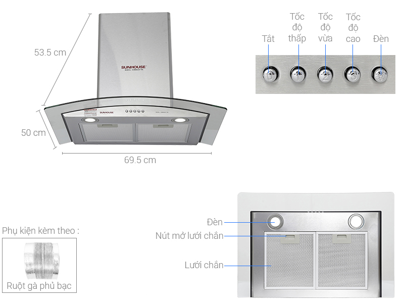 Máy hút mùi kính cong Sunhouse SHB6629 70C