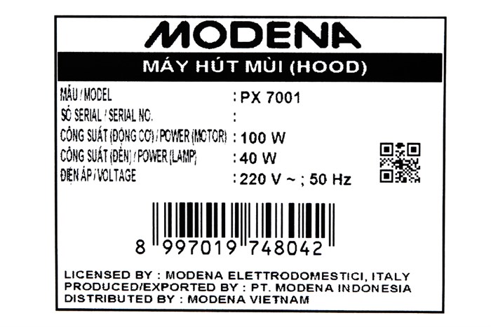 Máy hút mùi âm tủ Modena PX 7001 Màu Đen