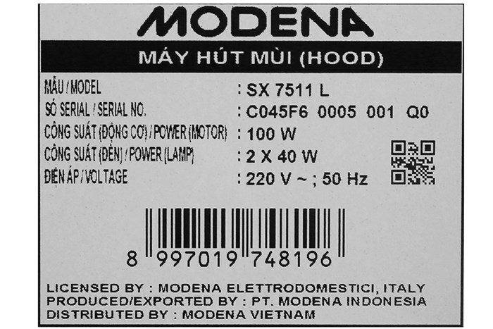 Máy hút mùi âm tủ Modena SX 7511 L Màu Đen