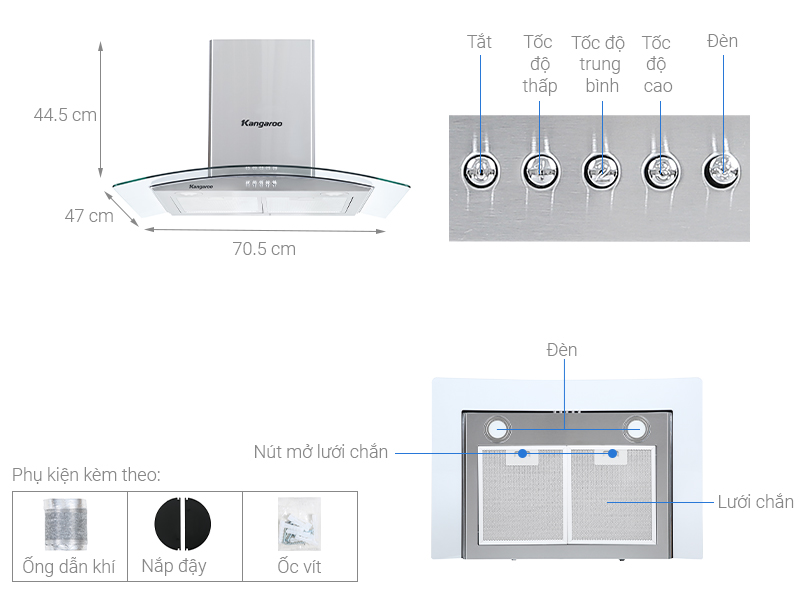 Thông số kỹ thuật Máy hút mùi áp tường Kangaroo KG538