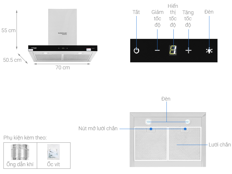 Máy hút mùi áp tường Sunhouse Mama MMB6817-70