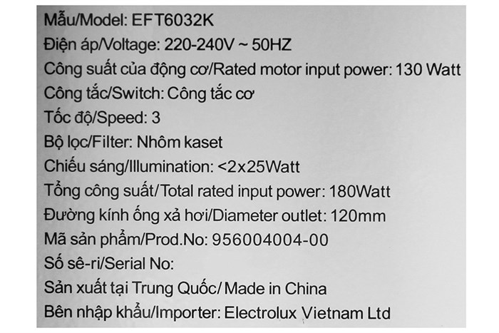 Máy hút mùi âm tủ Electrolux EFT6032K Màu Đen