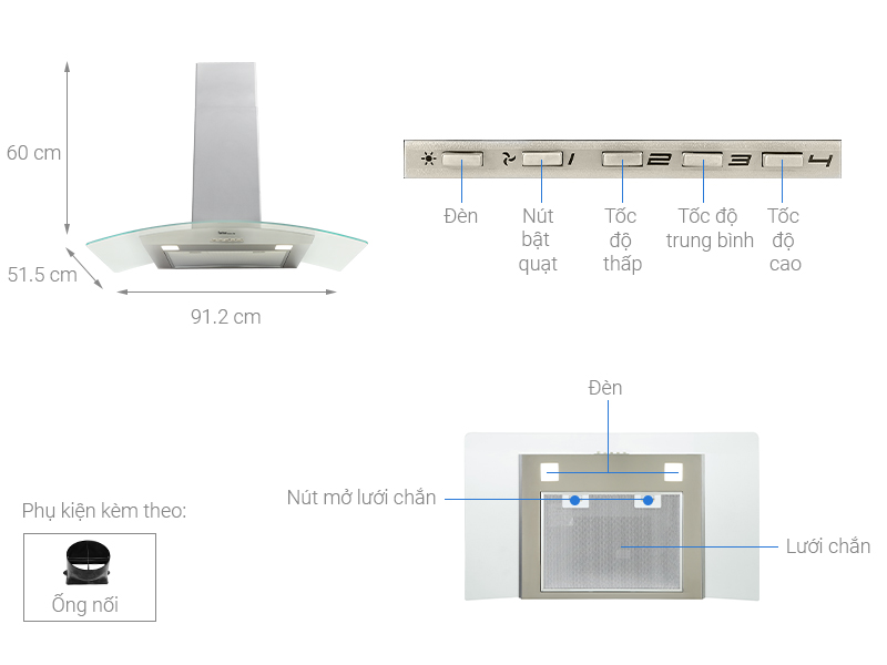 Máy hút mùi áp tường Torino Deco Glass CV IX/F/90