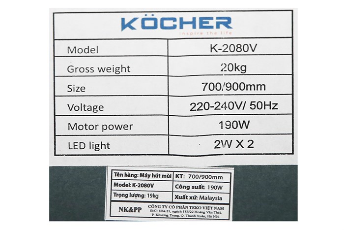 Máy hút mùi kính vát Kocher K-2080V 70