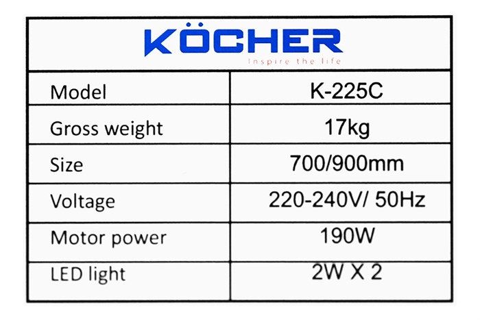 Máy hút mùi áp tường Kocher K-225C 70 Màu Đen