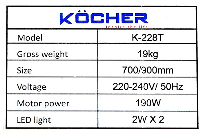 Máy hút mùi kính cong Kocher K-228T Màu Trắng - Xám