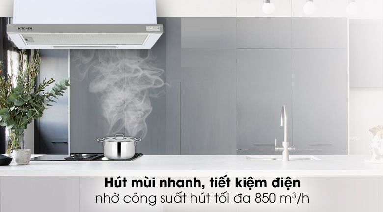 Máy hút mùi Kocher K-6270 - Hút mùi nhanh chóng, tiết kiệm điện với động cơ Tuabin 2 quạt, công suất hút tối đa 850 m³/h