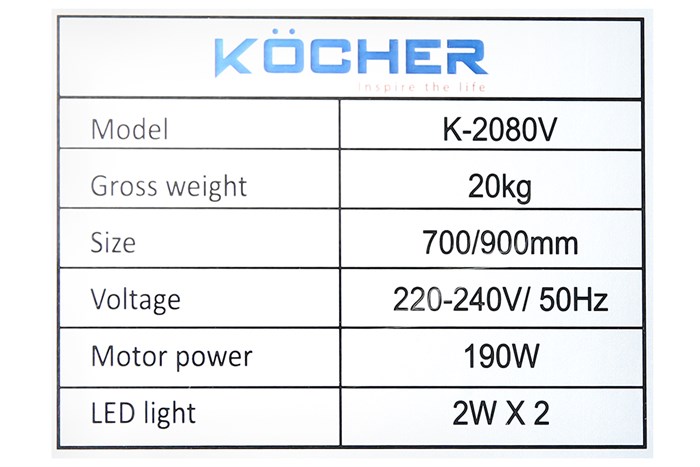 Máy hút mùi áp tường Kocher K-2080V 90 Màu Đen