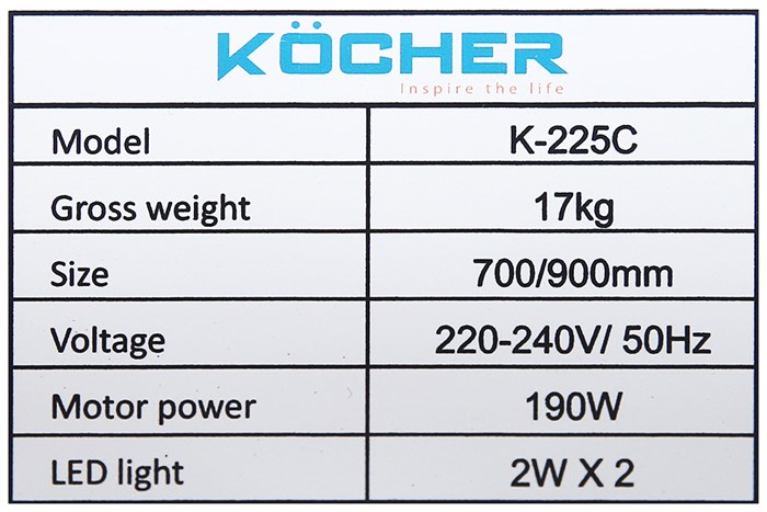 Máy hút mùi áp tường Kocher K-225C 90 Màu Đen - Bạc