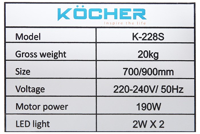 Máy hút mùi kính cong Kocher K-228S 90 Màu Đen - Bạc