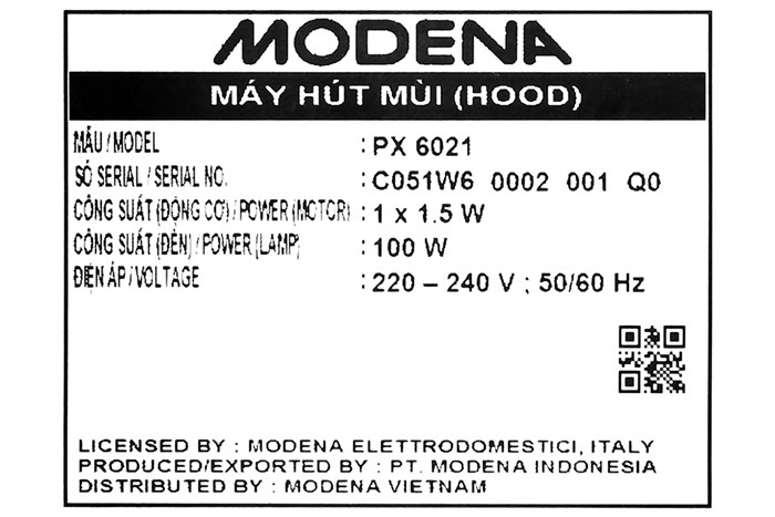Máy hút mùi lắp âm Modena PX 6021 Màu Đen