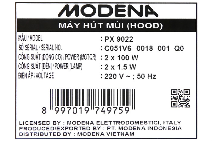 Máy hút mùi lắp âm Modena PX 9022 Màu Đen
