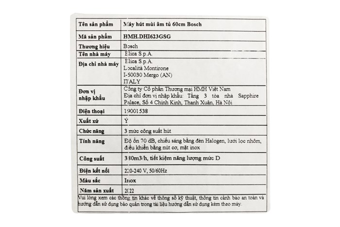 Máy hút mùi âm tủ Bosch DHI623GSG Màu Bạc Inox