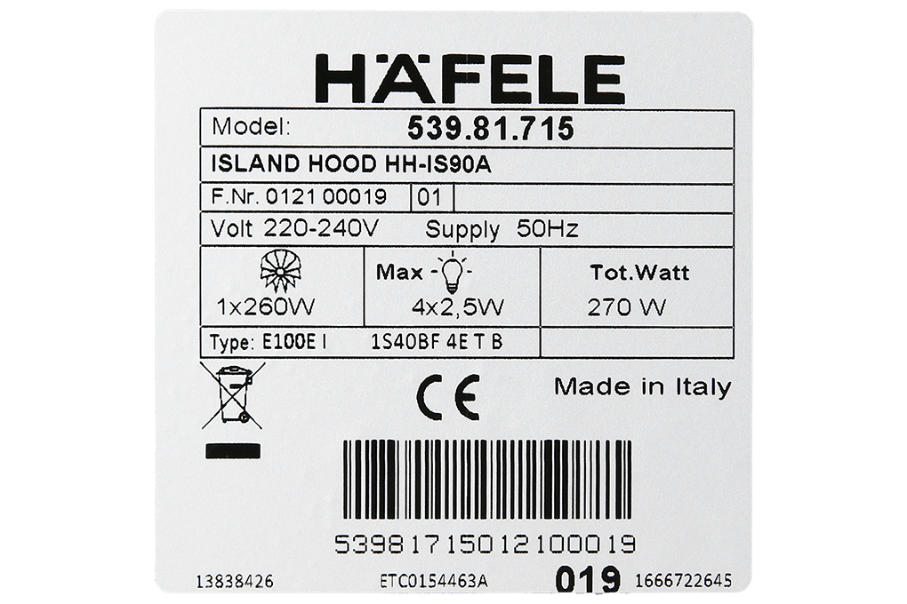 Máy hút mùi đảo Hafele HH-IS90A (539.81.715) Màu Bạc Inox