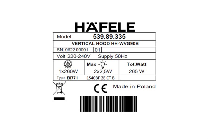 Máy hút mùi kính vát Hafele HH-WVG90B (539.89.335) Màu Đen