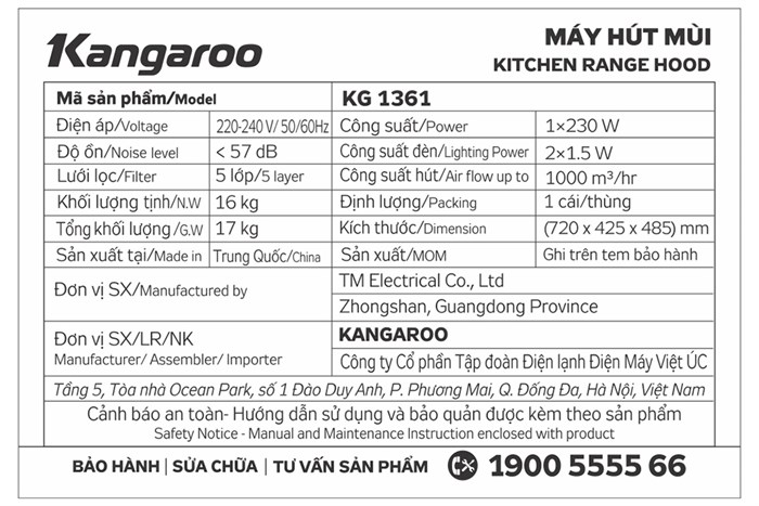 Máy hút mùi kính vát Kangaroo KG1361 Màu Đen