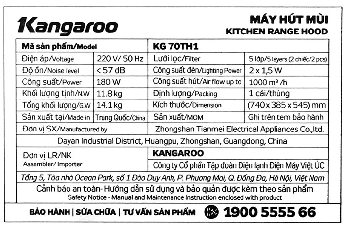 Máy hút mùi áp tường Kangaroo KG70TH1 Màu Bạc