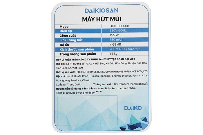 Máy hút mùi kính cong Daikiosan DKH-000001 Màu Đen