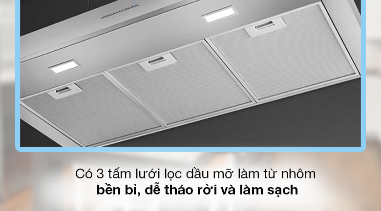 Máy hút mùi áp tường Smeg KBT900XE (536.84.493) - Có 3 tấm lưới lọc dầu mỡ làm từ nhôm