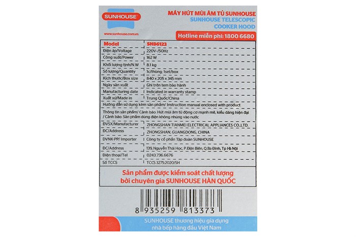 Máy hút mùi âm tủ Sunhouse SHB6123 Màu Bạc