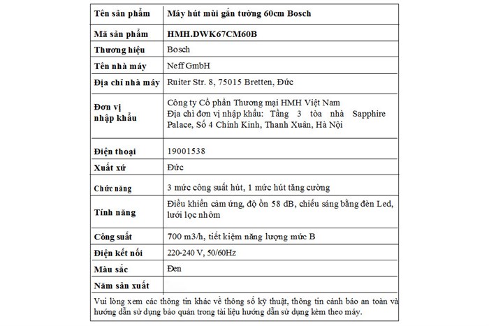 Máy hút mùi kính vát Bosch DWK67CM60B Màu Đen
