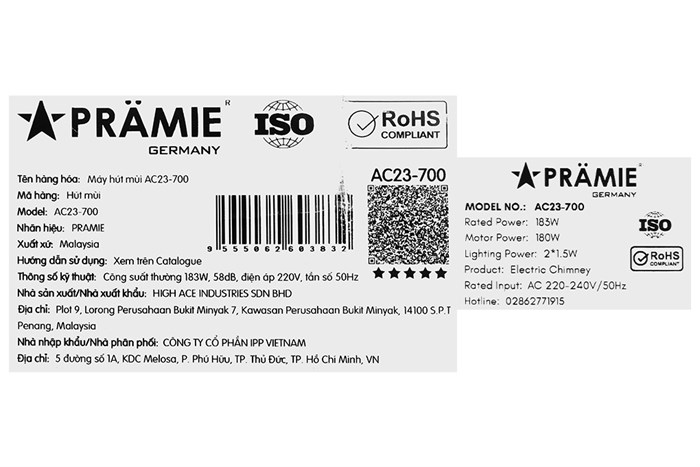 Máy hút mùi kính cong Pramie AC23-700 Màu Đen