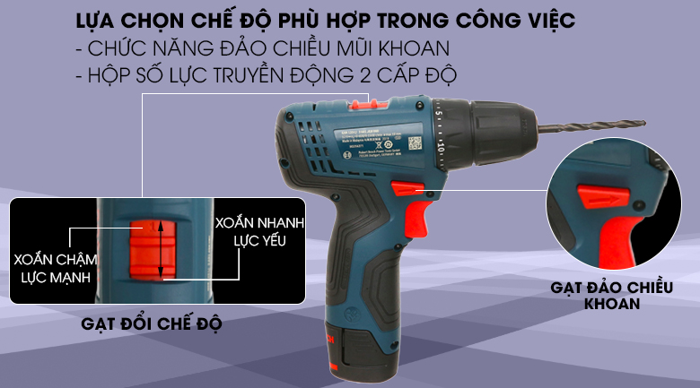 Tích hợp chức năng đảo chiều và hộp số lực truyền động hai cấp tiện lợi - Máy khoan vặn vít dùng pin Bosch GSR 120-LI 