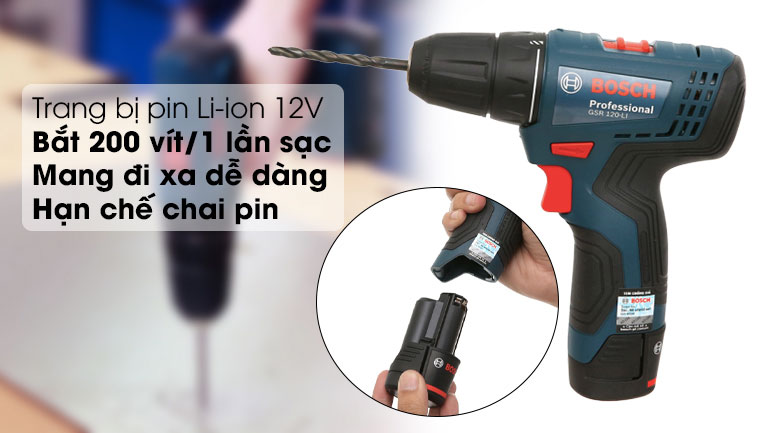 Tiện lợi khi mang đi xa mà không cần cắm điện với pin Li-ion 12V - Máy khoan vặn vít dùng pin Bosch GSR 120-LI 