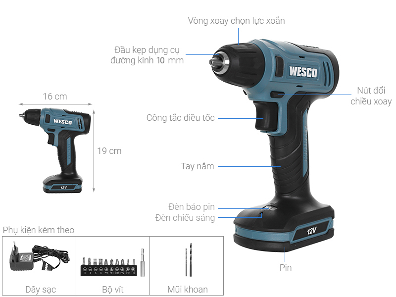 Máy khoan pin Wesco Ws2550K 12V