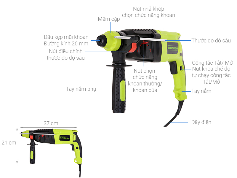 Thông số kỹ thuật Máy khoan búa điện Pigeon G2-26A 800W