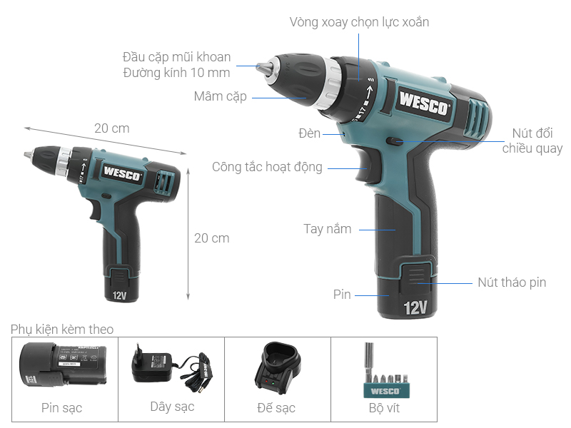 Máy khoan pin Wesco WS2532 12V