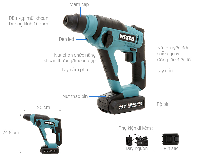 Máy khoan búa pin Wesco WS2940K2 18V