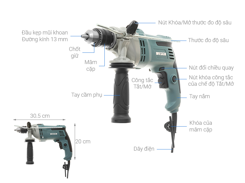 Thông số kỹ thuật Máy khoan động lực điện Wesco WS3176 1000W