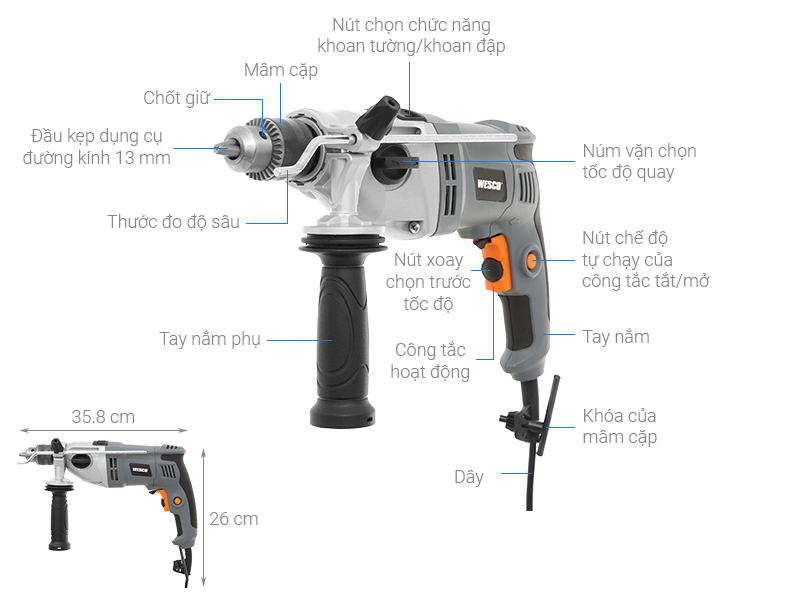 Thông số kỹ thuật Máy khoan động lực điện Wesco WS3177 850W