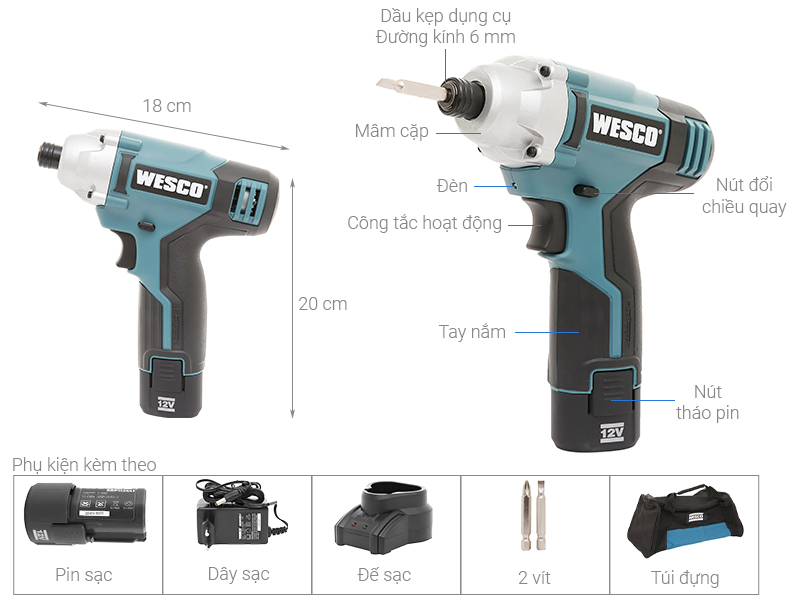Máy khoan vặn vít pin Wesco WS2530K2 12V