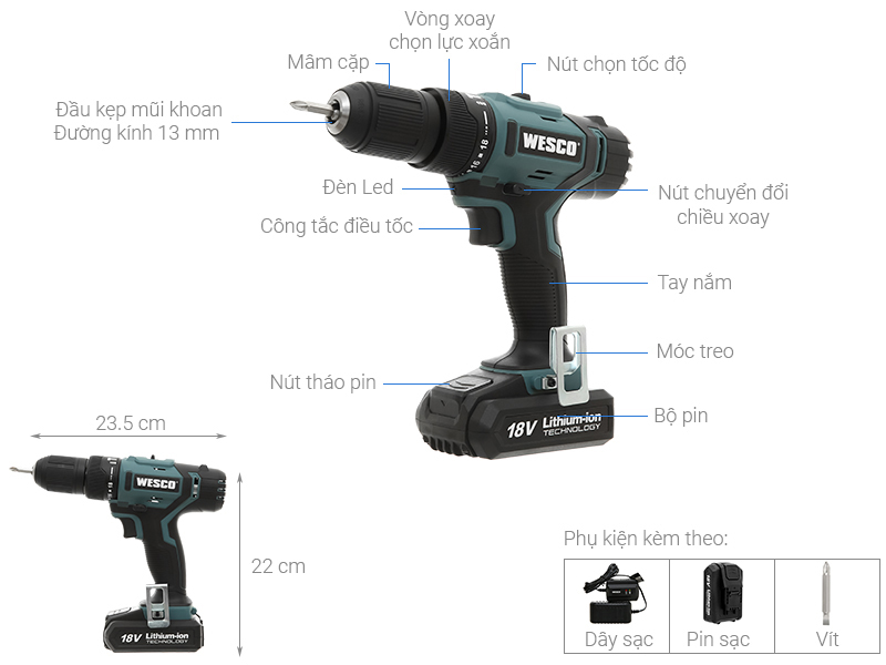 Máy khoan động lực pin Wesco WS2937 18V