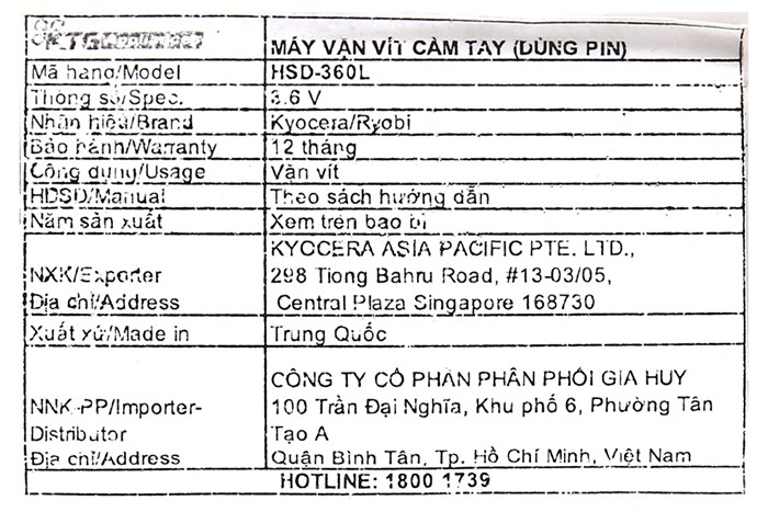 Máy vặn vít pin Ryobi HSD-360L 3.6V Màu Xanh Dương