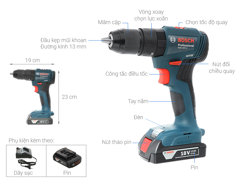 Máy khoan vặn vít pin Bosch GSB 185-LI 18V (1 pin, 1 sạc)