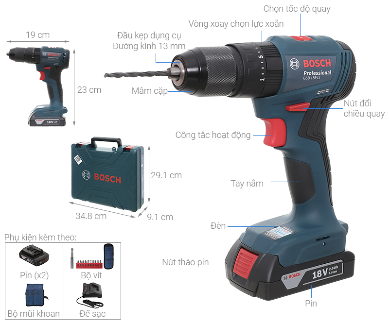 Máy khoan vặn vít pin Bosch GSB 185-LI 18V (2 pin, 1 sạc)