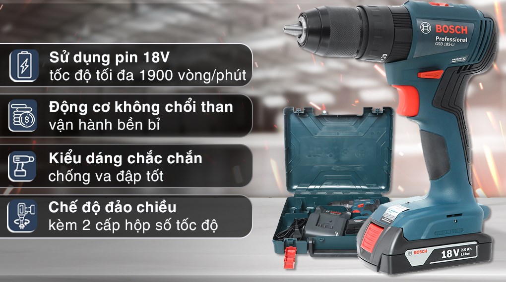 Máy khoan vặn vít pin Bosch GSB 185-LI 18V (2 pin, 1 sạc)
