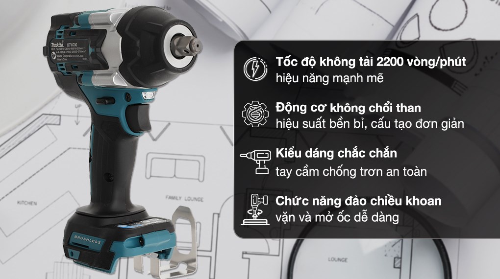 Máy siết bu lông pin Makita DTW700Z 18V (không kèm pin, sạc)